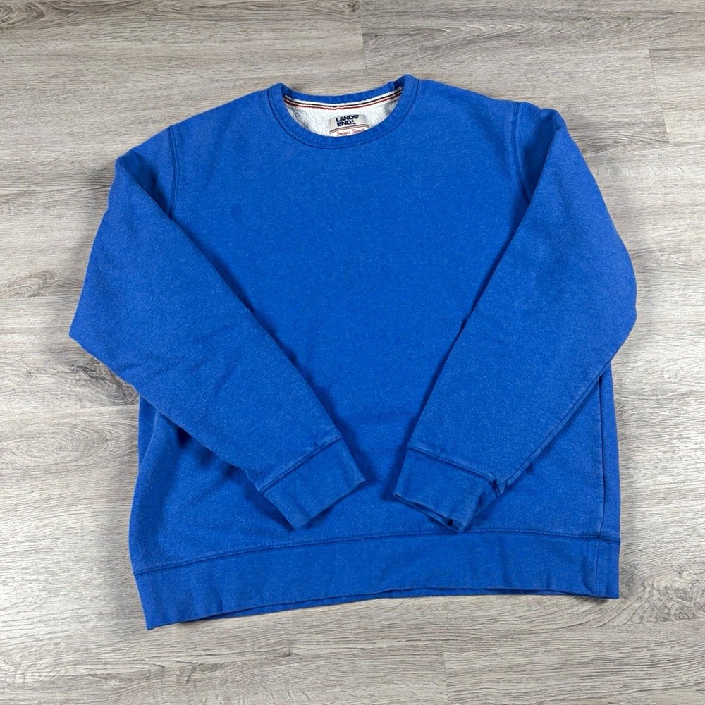 Lands' End Serious Sweats Mens Blue Crewneck Fleece Cotton Logo Sweatshirt L